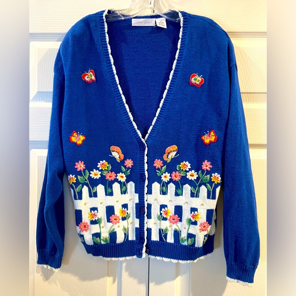 Laura Gayle Sweater Womens XL Blue Cardigan Springtime Embroidered Retro Ugly